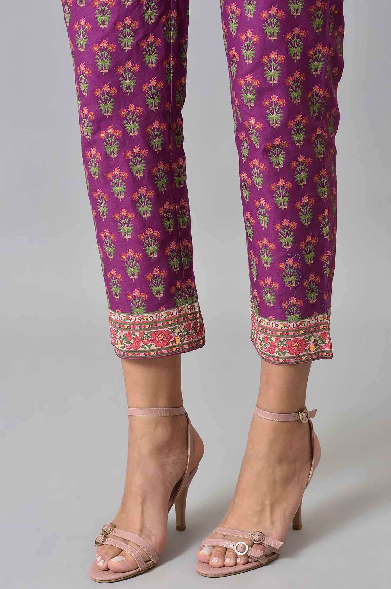Dark Purple Round Neck kurta With Floral Straight Pants And Chiffon Dupatta - wforwoman