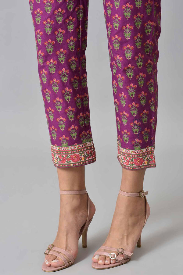 Dark Purple Round Neck kurta With Floral Straight Pants And Chiffon Dupatta