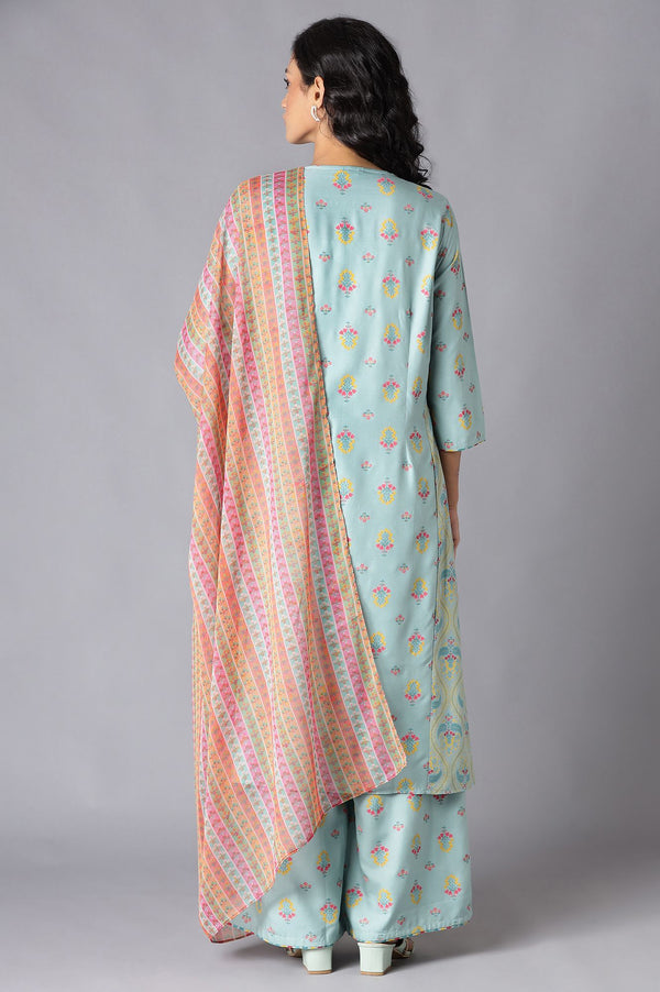 Aqua Blue Embroidered kurta With Printed Parallel Pants And Chiffon Dupatta