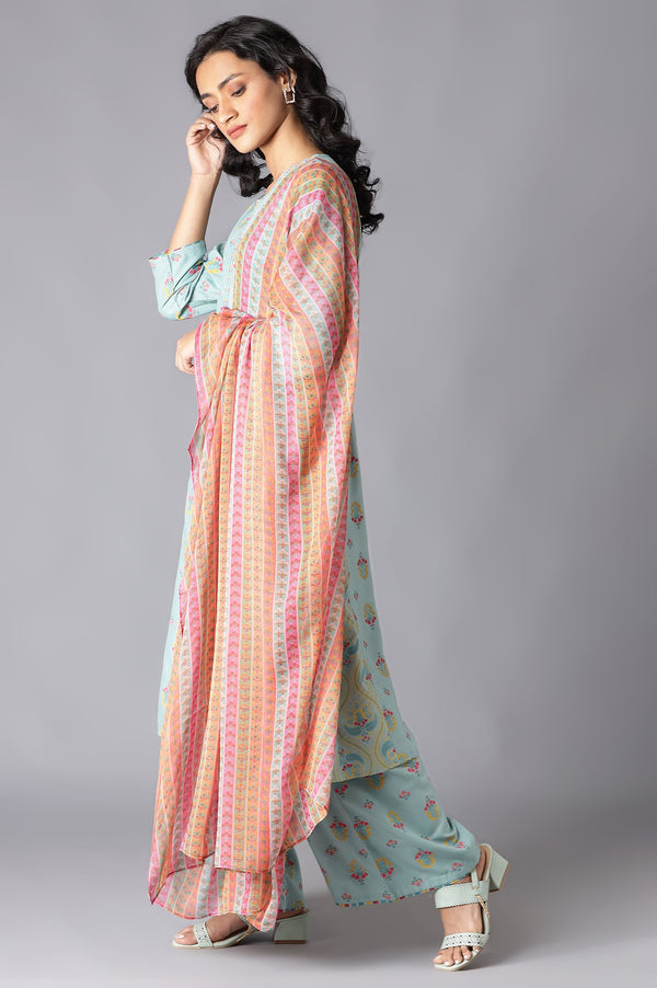 Aqua Blue Embroidered kurta With Printed Parallel Pants And Chiffon Dupatta