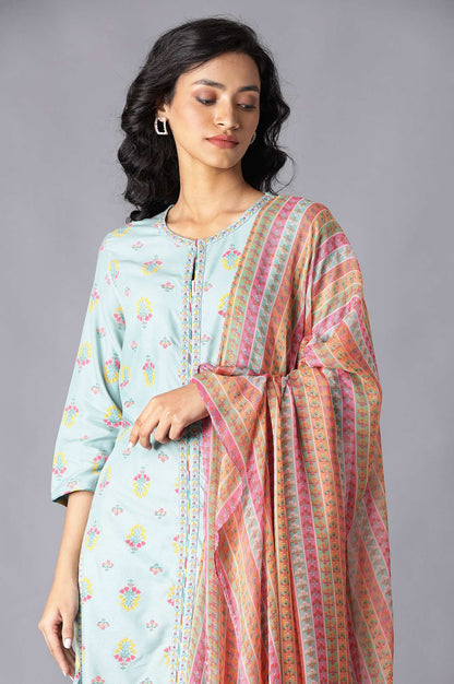 Aqua Blue Embroidered kurta With Printed Parallel Pants And Chiffon Dupatta