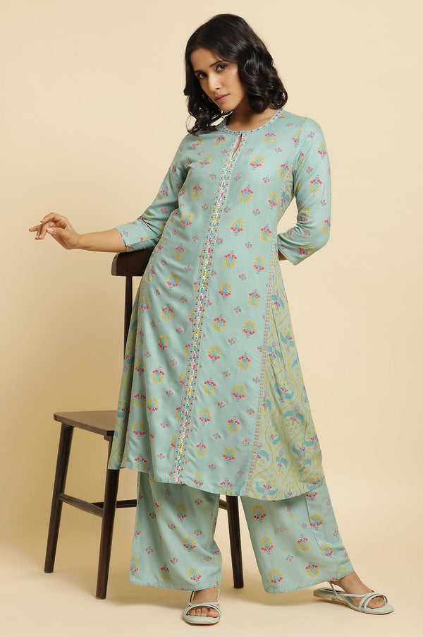 Blue Printed A-Line Kurta & Parallel Pants Set