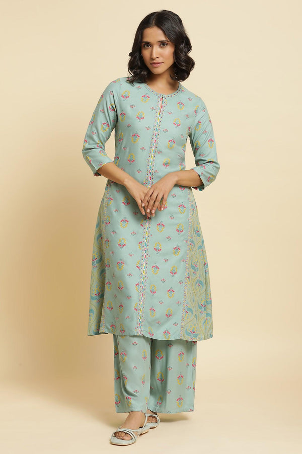 Blue Printed A-Line Kurta & Parallel Pants Set