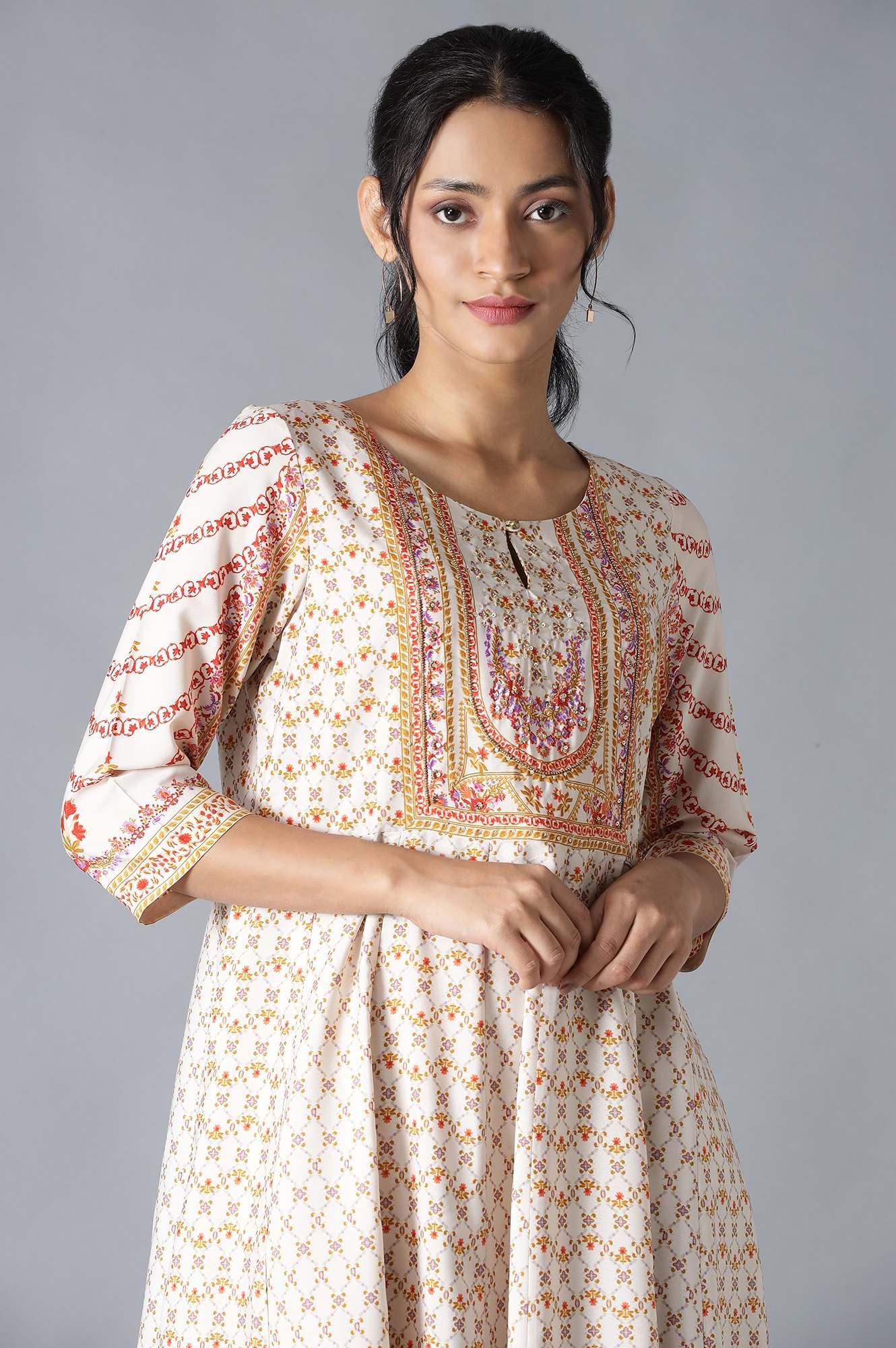 Ecru Embroidered Crepe kurta With Slim Pants And Cotton Dupatta - wforwoman