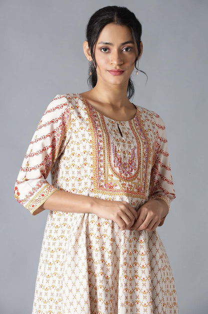 Ecru Embroidered Crepe kurta With Slim Pants And Cotton Dupatta - wforwoman