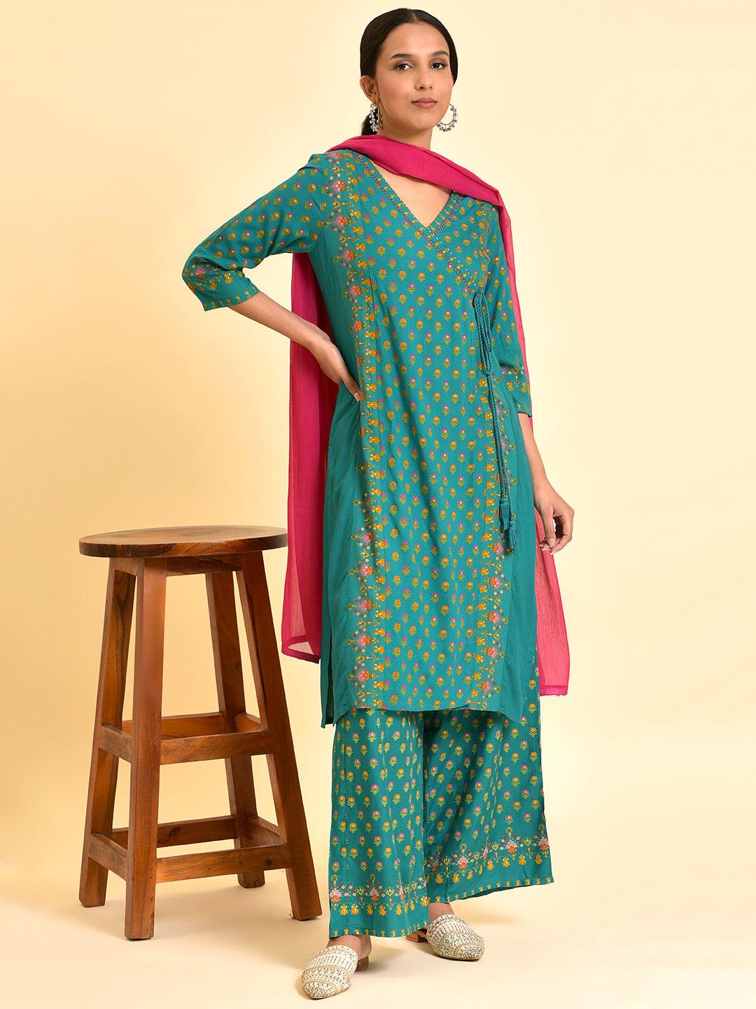 Green Printed Festive Kurta, Parallel Pants And Dupatta Set - XS