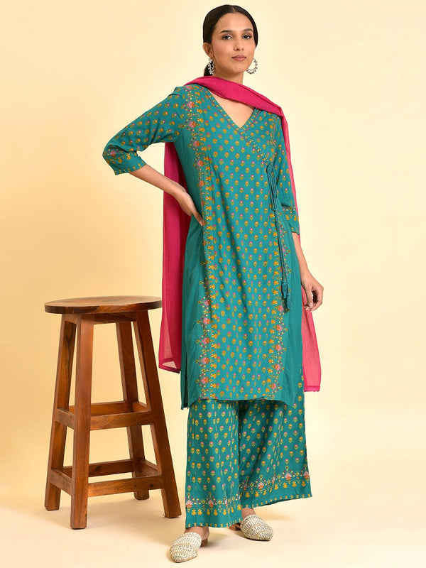 Green Printed Festive Kurta, Parallel Pants And Dupatta Set