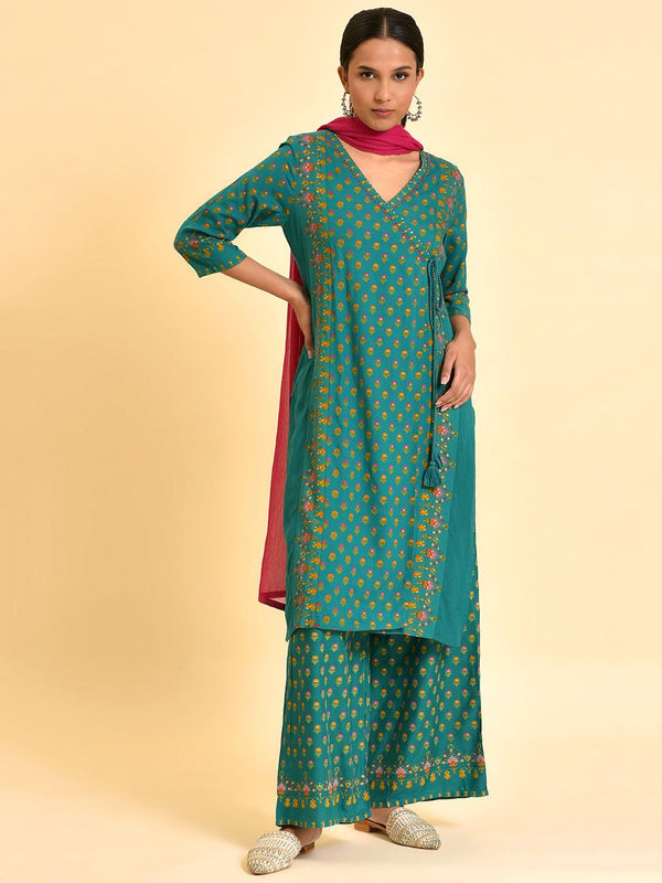Green Printed Festive Kurta, Parallel Pants And Dupatta Set