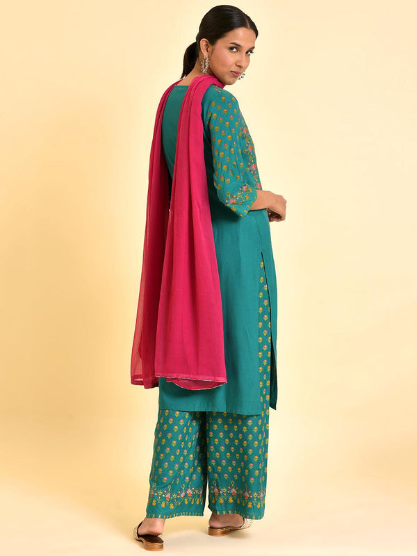 Green Printed Festive Kurta, Parallel Pants And Dupatta Set