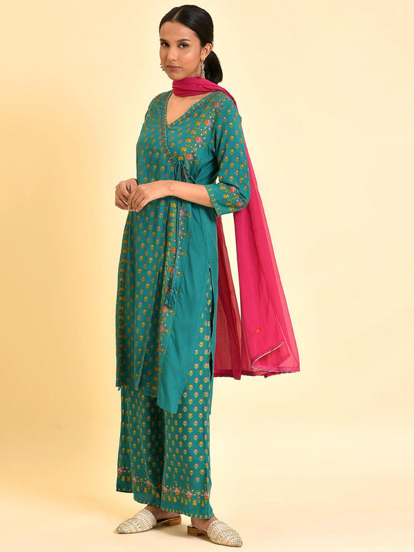 Green Printed Festive Kurta, Parallel Pants And Dupatta Set