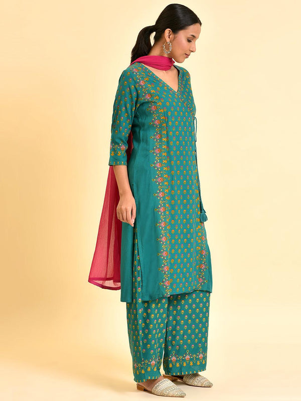 Green Printed Festive Kurta, Parallel Pants And Dupatta Set