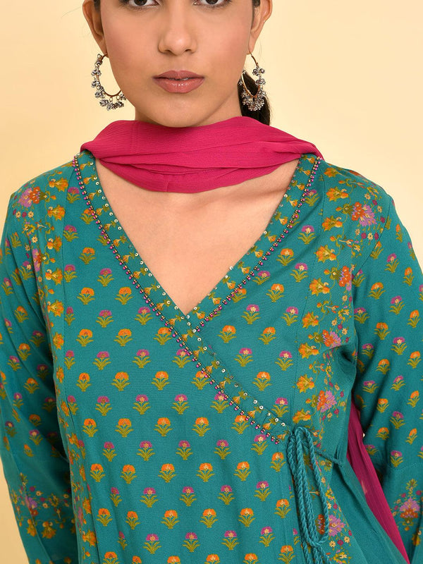 Green Printed Festive Kurta, Parallel Pants And Dupatta Set