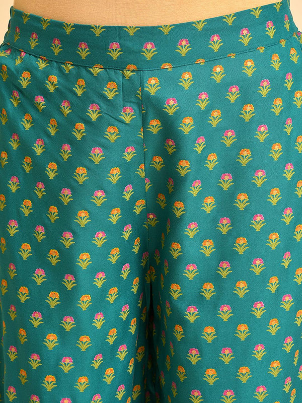Green Printed Festive Kurta, Parallel Pants And Dupatta Set