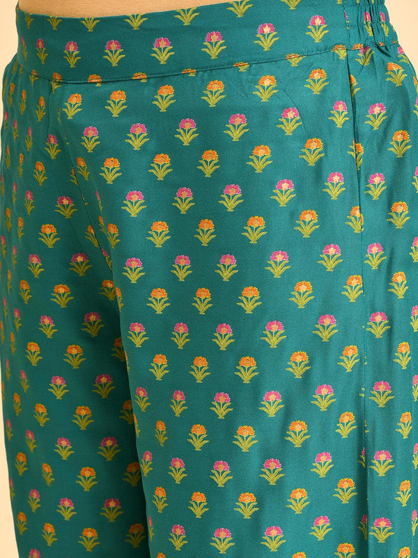 Green Printed Festive Kurta, Parallel Pants And Dupatta Set