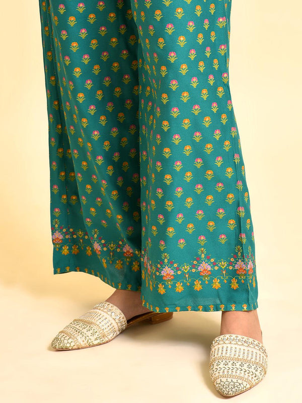 Green Printed Festive Kurta, Parallel Pants And Dupatta Set