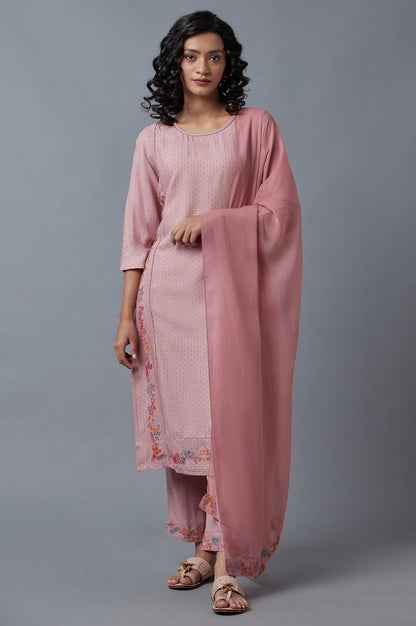 Light Pink Embroidered kurta In Round Neck With Straight Pants And Chiffon Dupatta - wforwoman