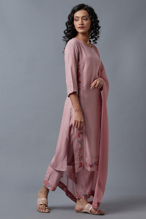 Light Pink Embroidered kurta In Round Neck With Straight Pants And Chiffon Dupatta