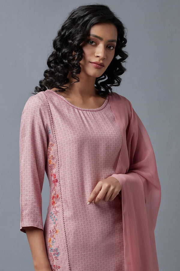 Light Pink Embroidered kurta In Round Neck With Straight Pants And Chiffon Dupatta