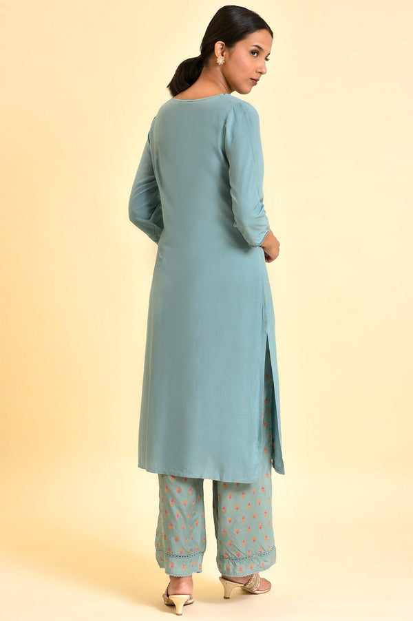 Aqua Blue Floral Embroidered Kurta And Parallel Pants Set