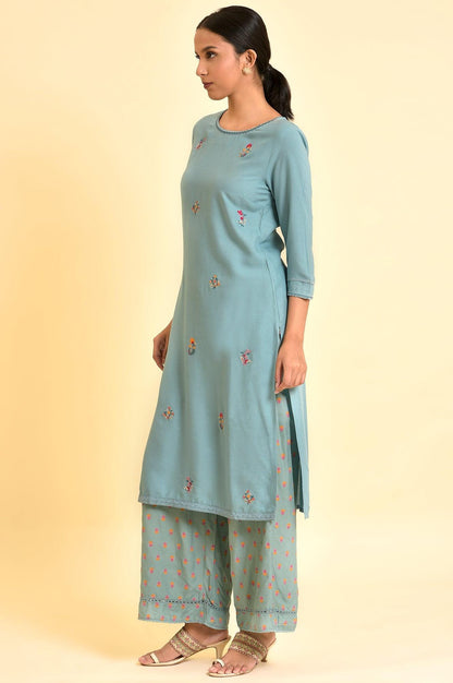 Aqua Blue Floral Embroidered Kurta And Parallel Pants Set - wforwoman