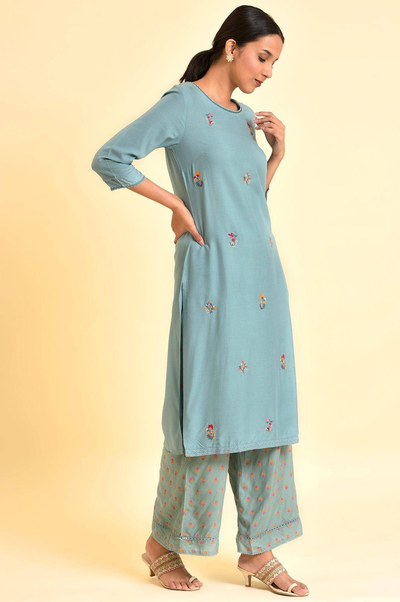 Aqua Blue Floral Embroidered Kurta And Parallel Pants Set - wforwoman