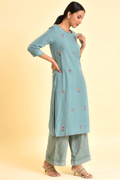 Aqua Blue Floral Embroidered Kurta And Parallel Pants Set - wforwoman