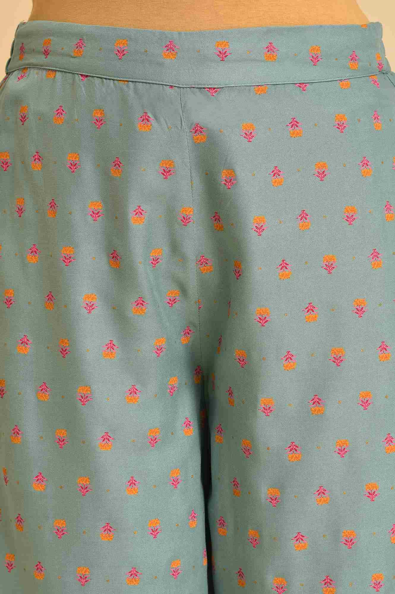 Aqua Blue Floral Embroidered Kurta And Parallel Pants Set - wforwoman