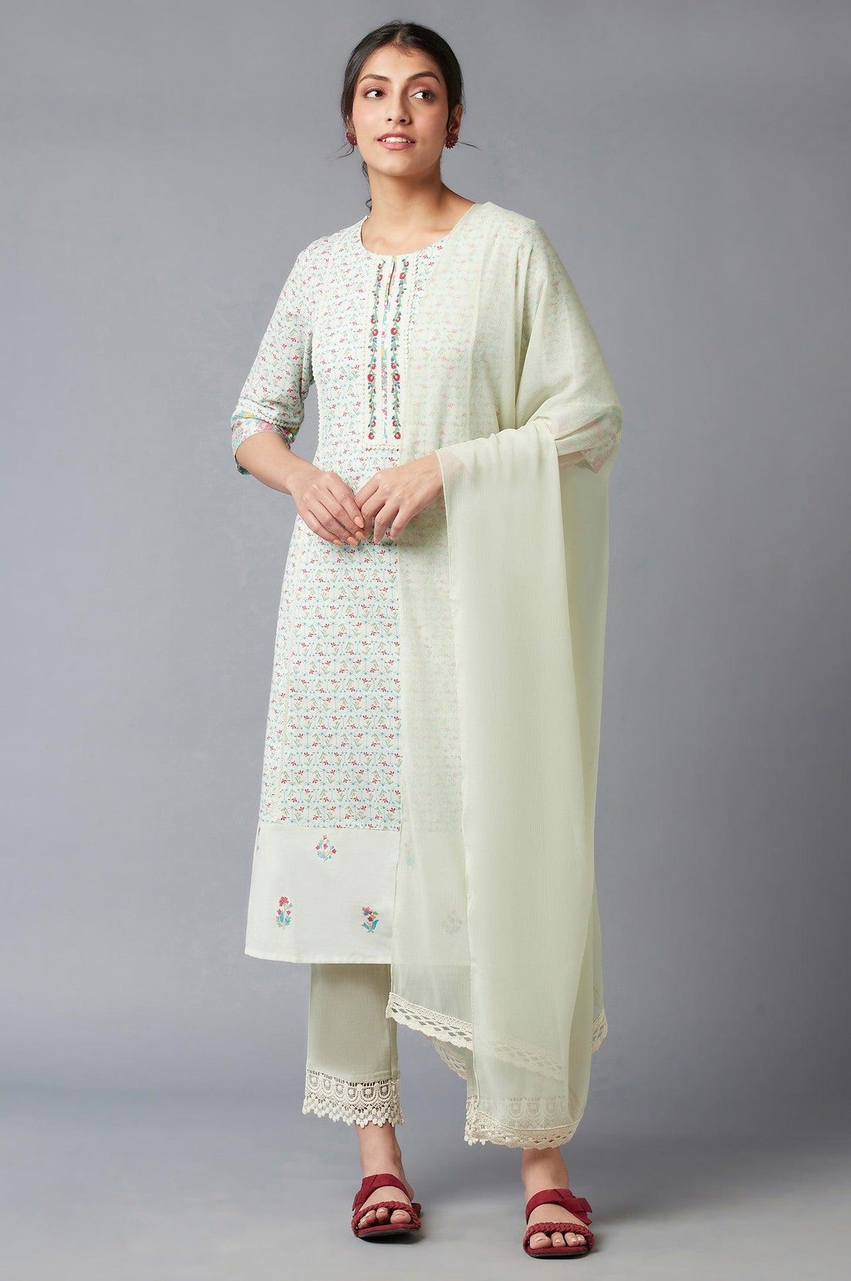 Light Green Embroidered kurta In Keyhole Neckline With Straight Pants And Chiffon Dupatta - XS