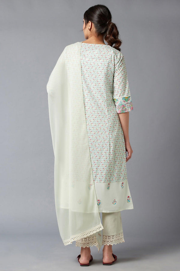 Light Green Embroidered kurta In Keyhole Neckline With Straight Pants And Chiffon Dupatta