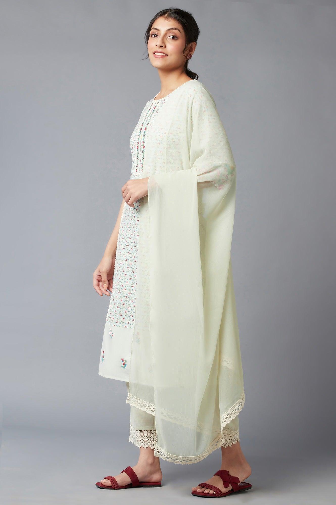 Light Green Embroidered kurta In Keyhole Neckline With Straight Pants And Chiffon Dupatta - wforwoman
