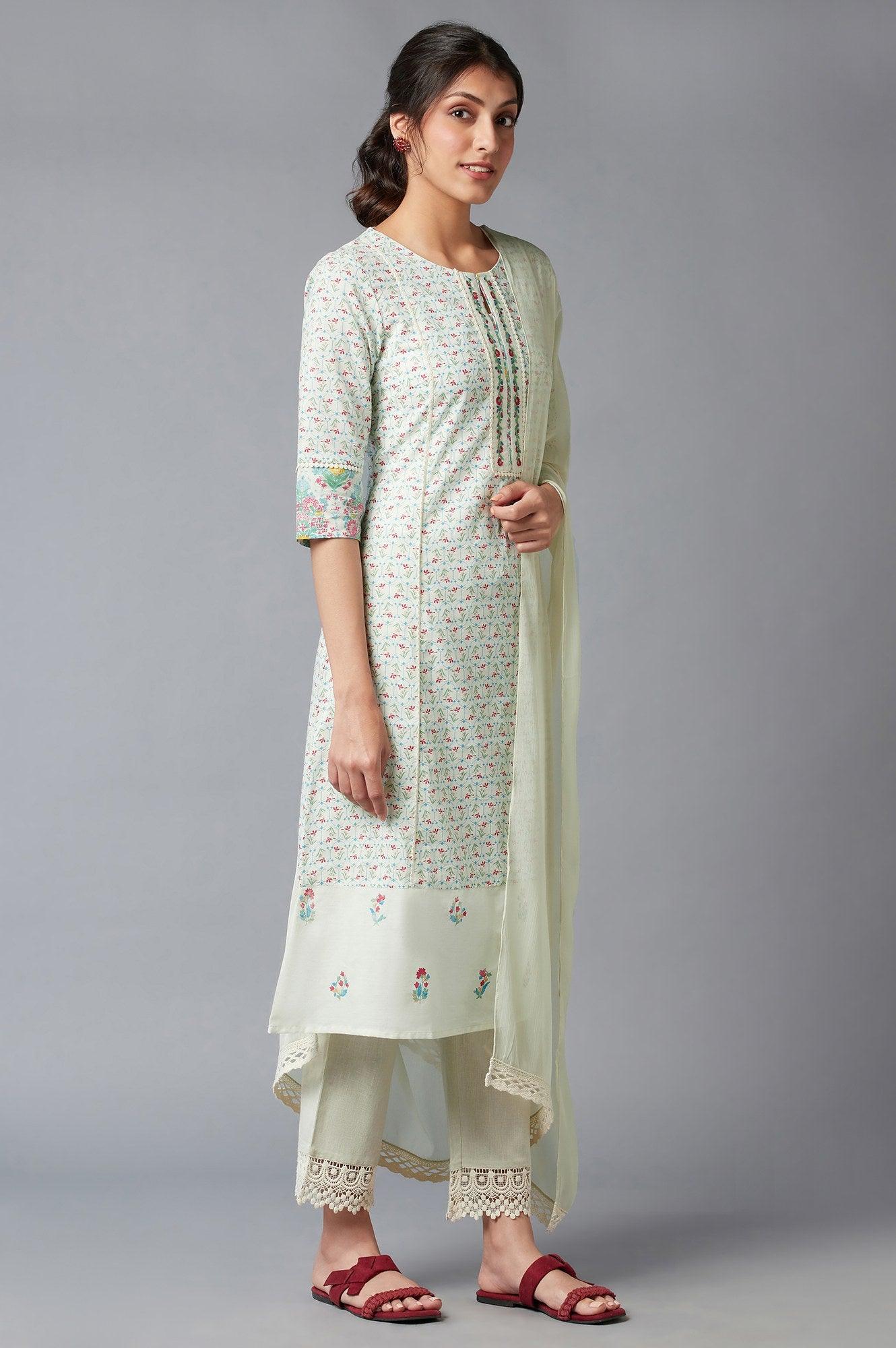 Light Green Embroidered kurta In Keyhole Neckline With Straight Pants And Chiffon Dupatta - wforwoman