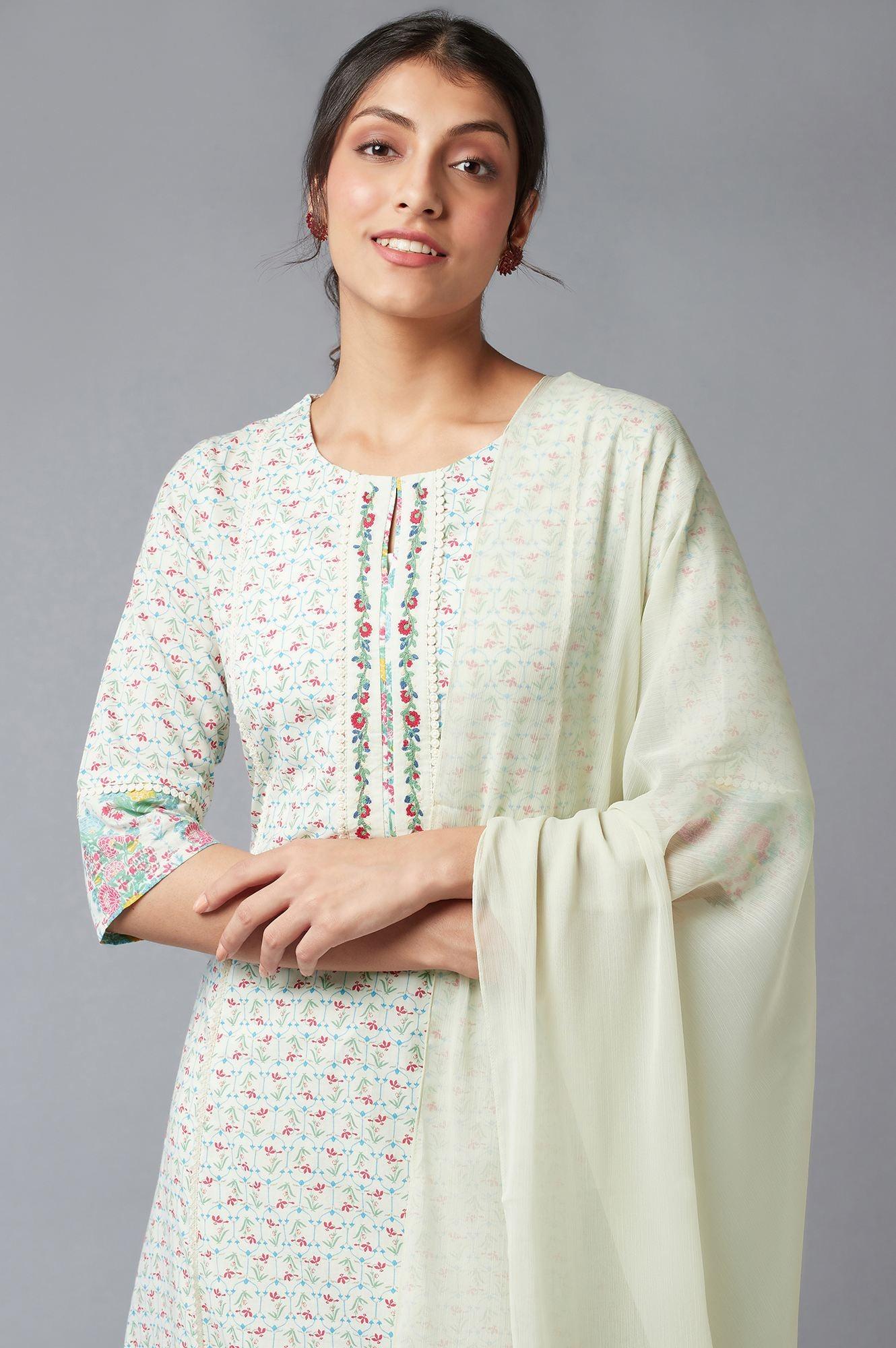 Light Green Embroidered kurta In Keyhole Neckline With Straight Pants And Chiffon Dupatta - wforwoman