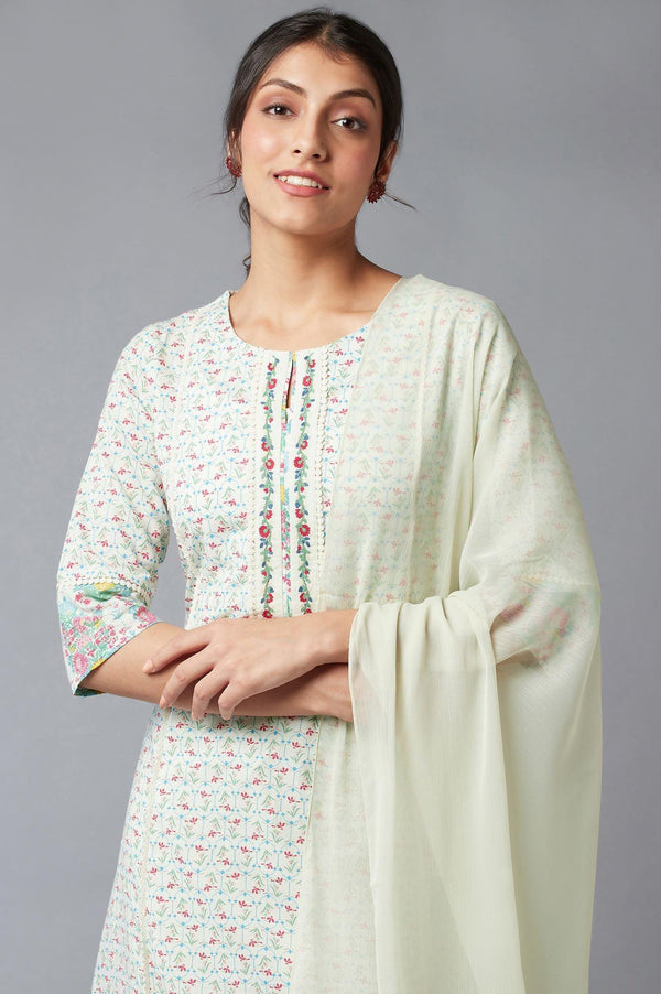 Light Green Embroidered kurta In Keyhole Neckline With Straight Pants And Chiffon Dupatta