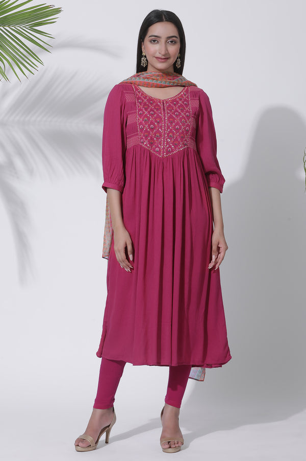 Pink Embroidered Flared Kurta, Tights and Dupatta Set