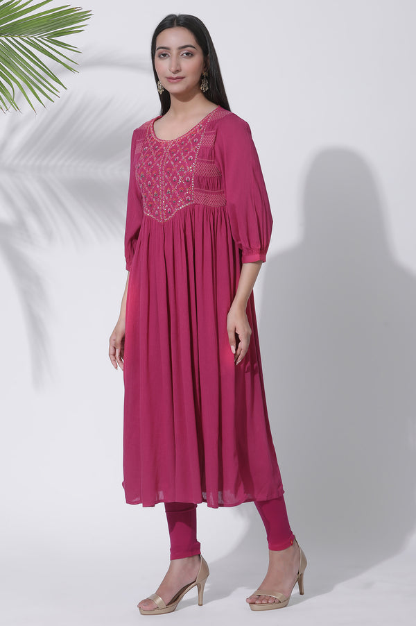 Pink Embroidered Flared Kurta, Tights and Dupatta Set