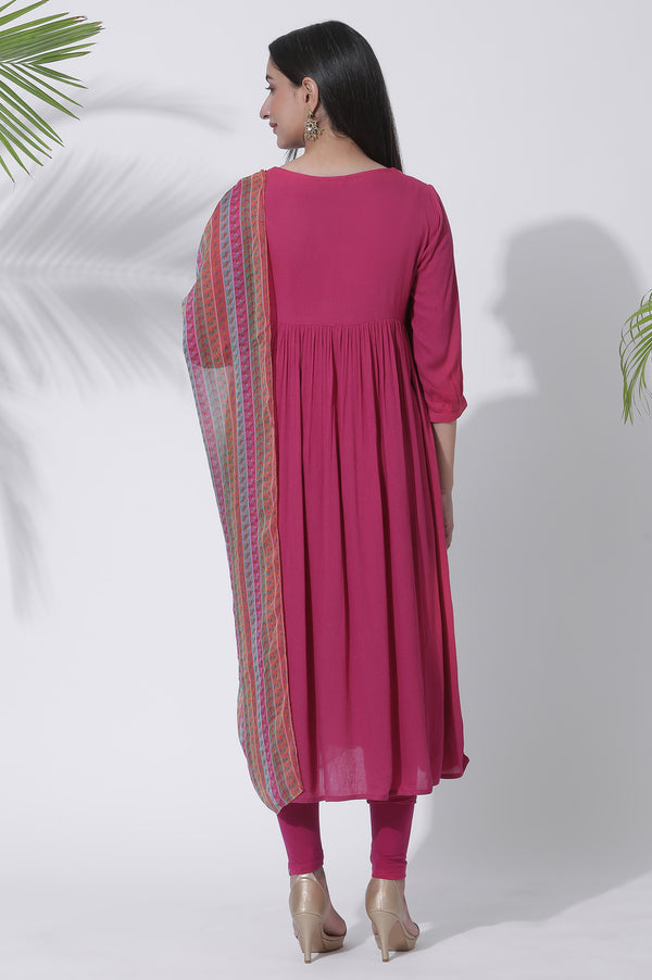 Pink Embroidered Flared Kurta, Tights and Dupatta Set
