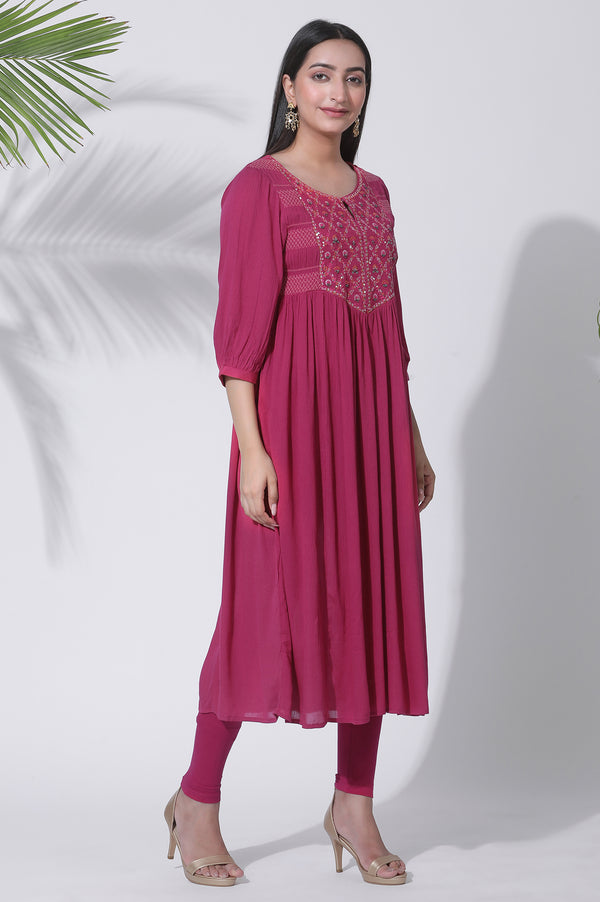 Pink Embroidered Flared Kurta, Tights and Dupatta Set