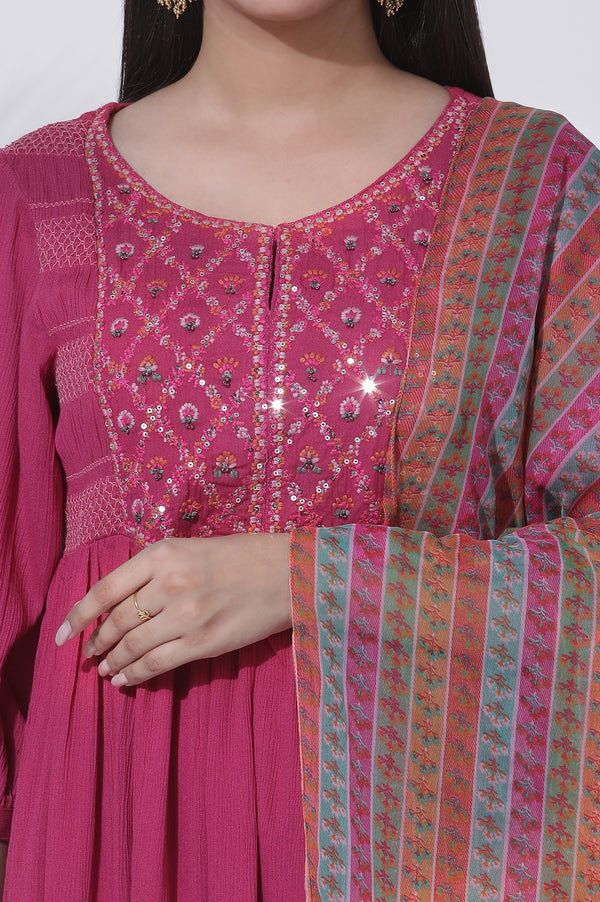 Pink Embroidered Flared Kurta, Tights and Dupatta Set