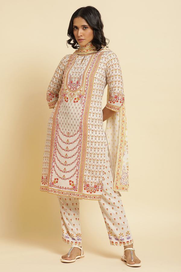 Ecru Floral Printed Kurta, Pants & Dupatta Set