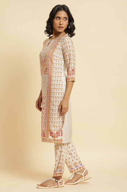 Ecru Floral Printed Kurta, Pants &amp; Dupatta Set