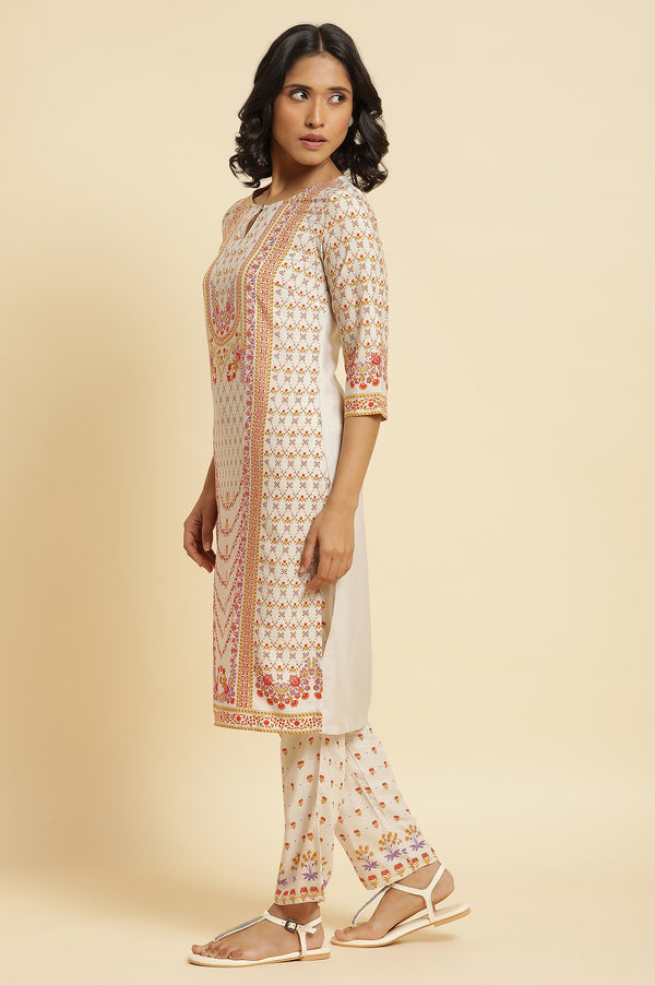 Ecru Floral Printed Kurta, Pants & Dupatta Set