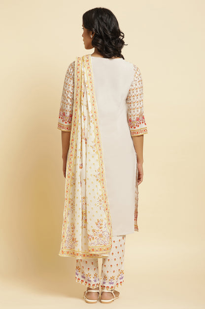 Ecru Floral Printed Kurta, Pants &amp; Dupatta Set