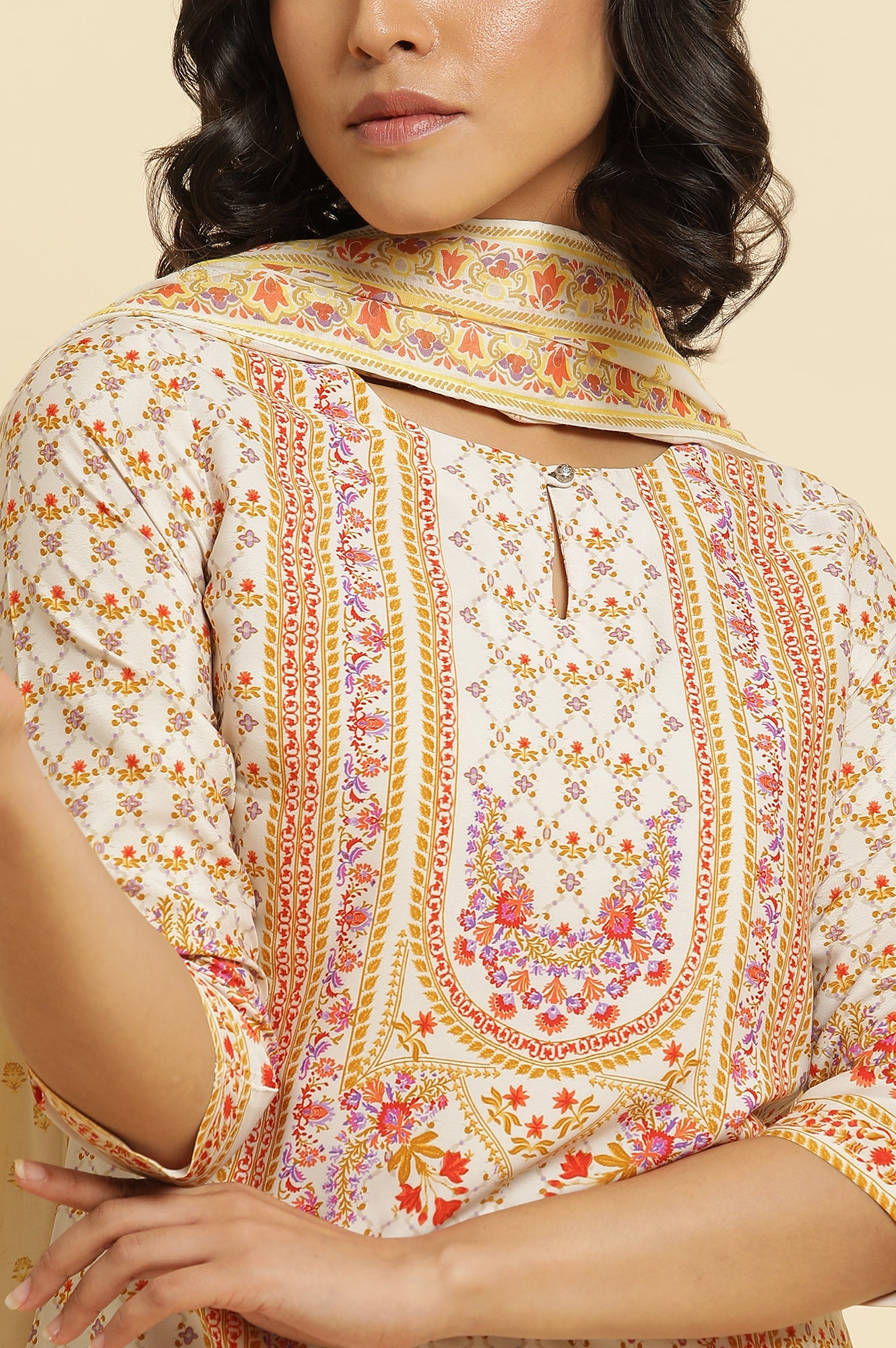 Ecru Floral Printed Kurta, Pants &amp; Dupatta Set