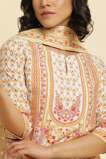 Ecru Floral Printed Kurta, Pants &amp; Dupatta Set
