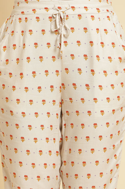 Ecru Floral Printed Kurta, Pants &amp; Dupatta Set