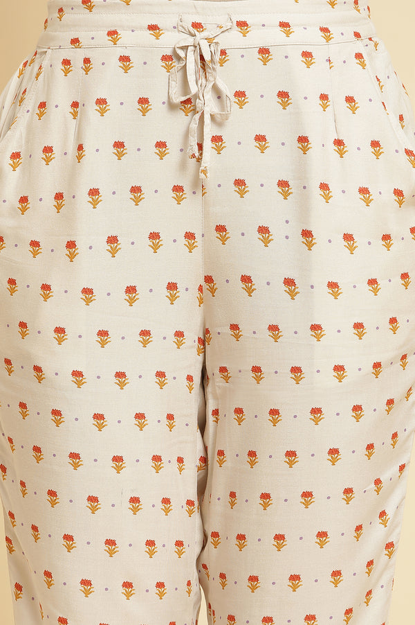 Ecru Floral Printed Kurta, Pants & Dupatta Set