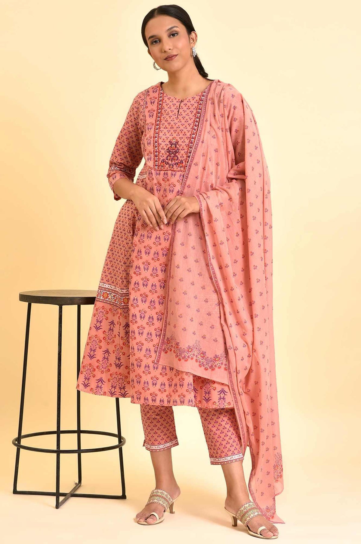 Pink Printed A-Line Kurta, Pants And Dupatta Set - XS