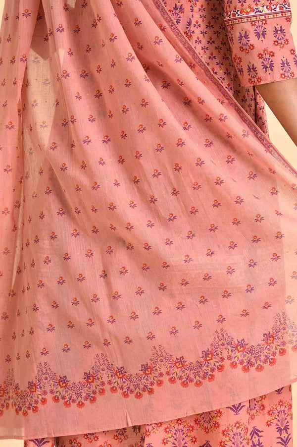 Pink Printed A-Line Kurta, Pants And Dupatta Set