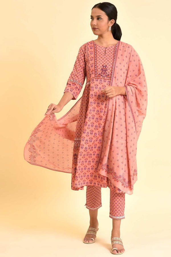 Pink Printed A-Line Kurta, Pants And Dupatta Set