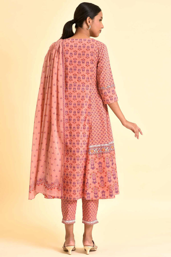 Pink Printed A-Line Kurta, Pants And Dupatta Set